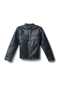 Giubbotto di pelle nera con zip frontale, colletto a scatto, tasche laterali con zip e cuciture imbottite sulle maniche e sul petto.