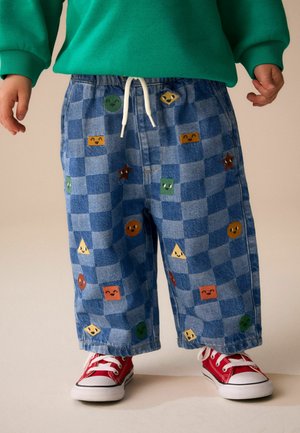 Next, Jeans baggy - mid blue checkerboard with all over embroidery