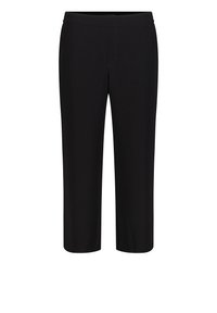 Czarne spodnie capri wykonane z gładkiego materiału, z szerokim paskiem w talii i prostymi liniami, bez widocznych wzorów czy ozdób.