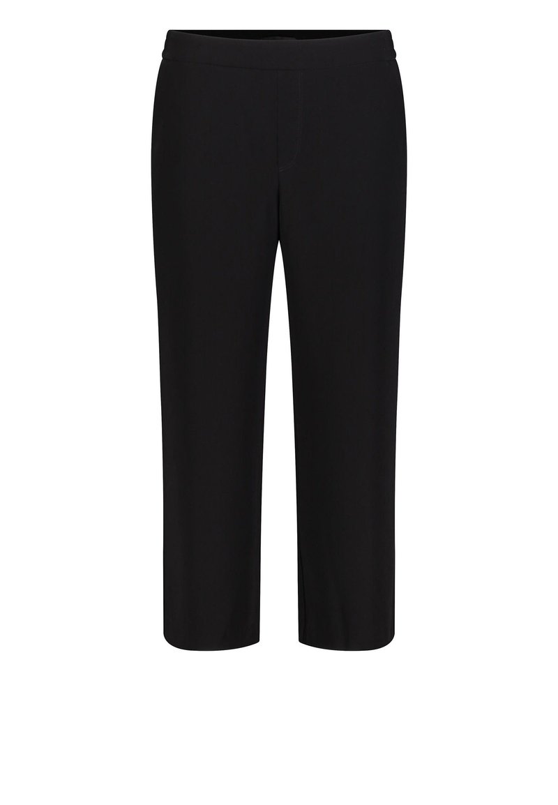 Czarne spodnie capri wykonane z gładkiego materiału, z szerokim paskiem w talii i prostymi liniami, bez widocznych wzorów czy ozdób.