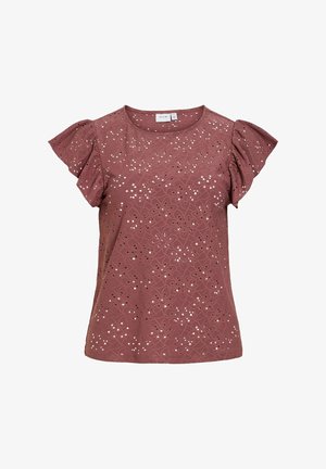 Bluza roz pudrat cu mâneci scurte, broderie florală cu ochiuri și mâneci ușor bufante, decolteu rotund și croială lejeră.