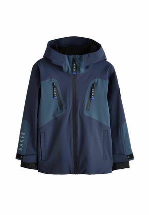 Marineblaue Kapuzenjacke mit zwei vertikalen Brusttaschen mit Reißverschluss, seitlichen Handtaschen sowie markanten Reißverschluss-Zippern und Ärmeldetails.