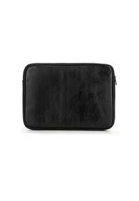 Custodia per laptop in pelle nera, con una texture liscia e un design semplice. Presenta una chiusura con zip ed è di forma rettangolare.