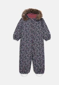 Jednodílný snowsuit s květinovým potiskem v námořnické modři, s kapucí lemovanou umělým kožíškem, elastickými manžetami a předním zipem, vhodný do chladného počasí.