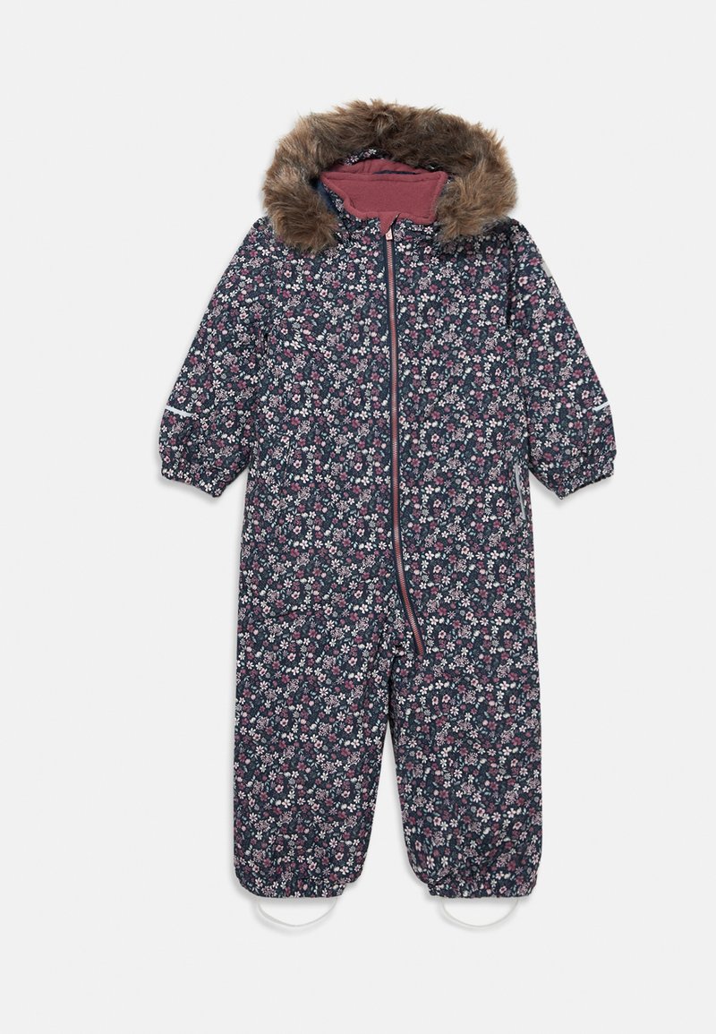 Floral print one-piece snowsuit in navy with a faux fur-lined hood, elasticized cuffs, and front zipper closure, suitable for cold weather.