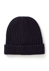 Cappello in maglia di colore blu navy scuro, con una texture a costine e un risvolto per una maggiore morbidezza e calore.