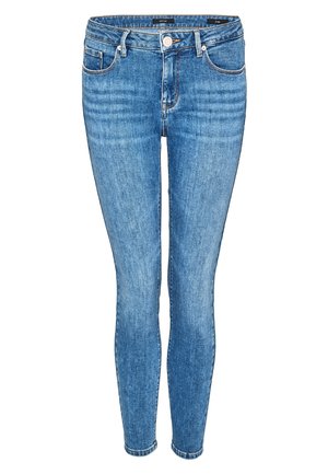 Lichtblauwe skinny jeans van denim met een hoge taille, vijf zakken en contrasterende stiksels, voorzien van een sluiting met een knoop aan de voorkant en een gladde textuur.