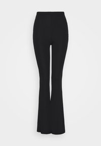 Černé rozšířené kalhoty s vysokým pasem, vyrobené z hladké elastické látky. Mají přiléhavý střih až ke kolenům.