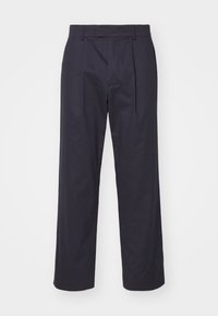 Marineblauwe wijde broek van gladde stof, met plooien aan de voorkant, een middelhoge taille en zonder zichtbare zakken of versieringen.