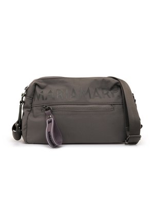 Sac bandoulière gris avec poche avant zippée et sangle réglable, marqué du texte « "MARIAMARE" » et d'un curseur de fermeture éclair assorti.