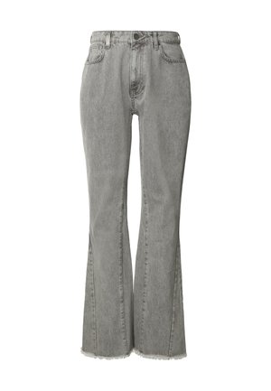 Grey high-waist denim jeans with flared legs and frayed hems, featuring front pockets and a button closure.