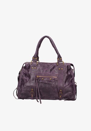 Lila Lederhandtasche mit Griffen und einem verstellbaren Schulterriemen. Sie verfügt über goldene Beschläge, eine Vordertasche mit Reißverschluss und strukturierte Oberflächendetails.