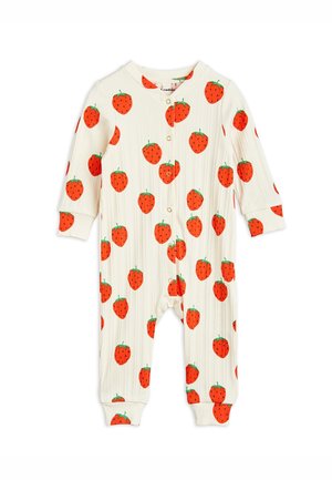 Babystrampler in Cremefarbe mit langen Ärmeln und Druckknöpfen vorne, verziert mit einem Muster aus leuchtend roten Erdbeeren.