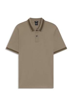 Tan polo shirt with a three-button placket, dark brown striped collar and sleeve edges, and a subtle embroidered logo on the chest.