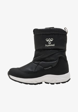 Black insulated boot with a textured upper, Hummel logo, and white rubber sole. Features a padded collar for comfort and stability.