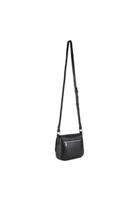 Borsa a tracolla nera in pelle con tracolla regolabile, tasca frontale con zip, forma arrotondata e superficie liscia. Presenta dettagli in hardware argentato.