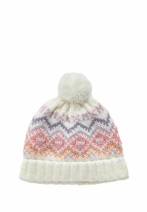 Stickad mössa med en krämfärgad bas, prydd med ett gradientmönster i rosa, orange och lila. Avslutad med en mjuk pom-pom på toppen.