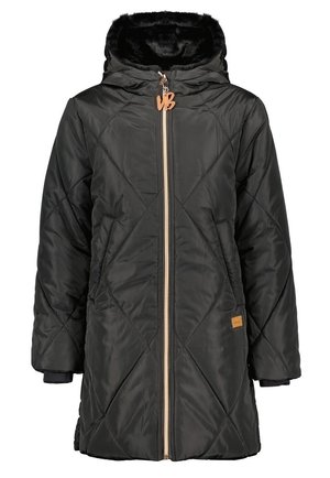 Gepolsterte schwarze Parka mit einer Kapuze aus Kunstfell, frontalem Reißverschluss und Logo-Akzent. Verfügt über Seitentaschen und einen lässigen Schnitt für Wärme.