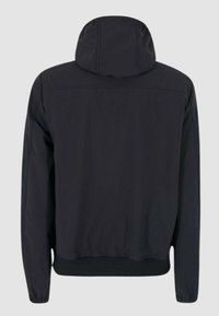 Giacca nera con cappuccio, realizzata in un tessuto liscio, con polsini elastici e orlo a coste. Presenta un design minimalista senza loghi o decorazioni visibili.