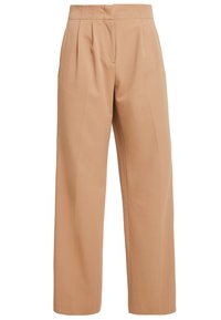 Beżowe spodnie o szerokich nogawkach wykonane z lekkiego, gładkiego materiału. Posiadają zakładki w pasie oraz dopasowaną sylwetkę z bocznymi kieszeniami.