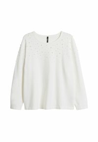 Vit långärmad tröja med rund halsringning, med texturerade dekorationer över bröstområdet. Mjukt tyg med en avslappnad passform.