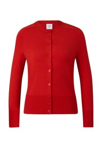 Roter Cardigan mit rundem Ausschnitt, langen Ärmeln, durchgehender Knopfleiste und gerippten Bündchen sowie Saum. Hergestellt aus einem glatten Strickmaterial.