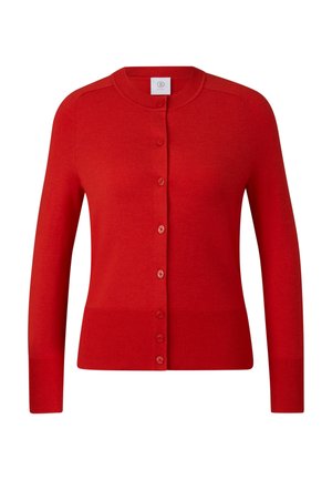 Rød cardigan med rund halsudskæring, lange ærmer, knaplukning foran og ribstrikkede manchetter og kant. Fremstillet i et glat strikmateriale.