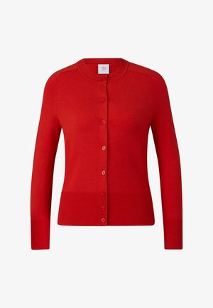 Rød cardigan med rund halsudskæring, lange ærmer, knaplukning foran og ribstrikkede manchetter og kant. Fremstillet i et glat strikmateriale.