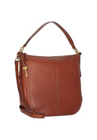 Sac à épaule en cuir marron avec une fermeture zippée, doté d'une mince sangle ajustable et d'un accent décoratif en forme de clé. Texture lisse avec des coutures discrètes.
