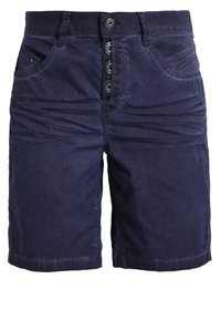 Marineblauwe katoenen shorts met een knoopsluiting, twee voorzakken en een soepele textuur. Kenmerkt zich door subtiele stikdetails.