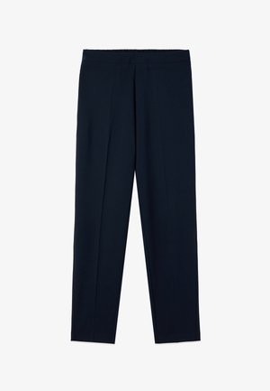Navy blue tailored pants with elastic waistband and front creases, displayed flat on a white background.