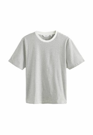 Tricou cu mânecă scurtă în dungi gri și alb, cu guler rotund, fabricat dintr-un amestec moale de bumbac, având o croială dreaptă și detalii minime.