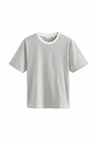 Grå og hvidstribet kortærmet t-shirt med rund halsudskæring. Fremstillet af blødt stof med en glat tekstur.