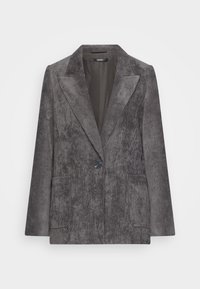 Blazer in velluto a coste grigio con risvolto, chiusura a un bottone e due tasche laterali. Il tessuto principale presenta righe verticali e una consistenza morbida.