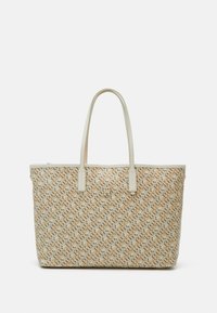Borsa tote beige con un motivo intrecciato, dotata di manici leggeri, chiusura con zip e un sottile dettaglio del logo sul davanti. Superficie testurizzata.