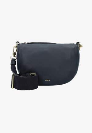 Navyfarbene Leder-Crossbody-Tasche in runder Form, mit goldenen Beschlägen und strukturiertem Oberflächenmaterial. Verfügt über einen abnehmbaren Stoffgurt für Vielseitigkeit.