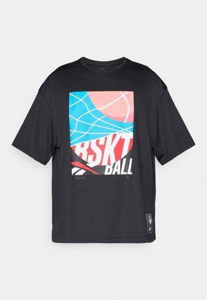 Black short-sleeve t-shirt featuring a colorful basketball-themed graphic with blue, pink, and red accents. Soft, structured fabric.