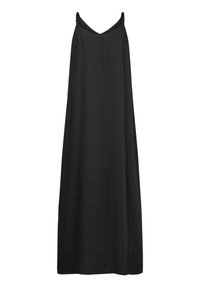 Robe noire sans manches avec une silhouette ample et décontractée, présentant un décolleté en V et une texture lisse. Design simple sans motifs ni accents.