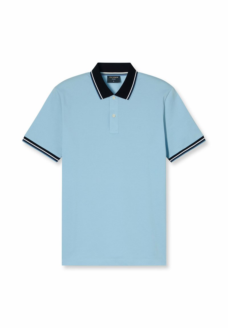 Polo shirt azzurro chiaro con colletto nero caratterizzato da strisce bianche, patta con due bottoni e maniche corte con accenti sul polsino in tonalità coordinata.
