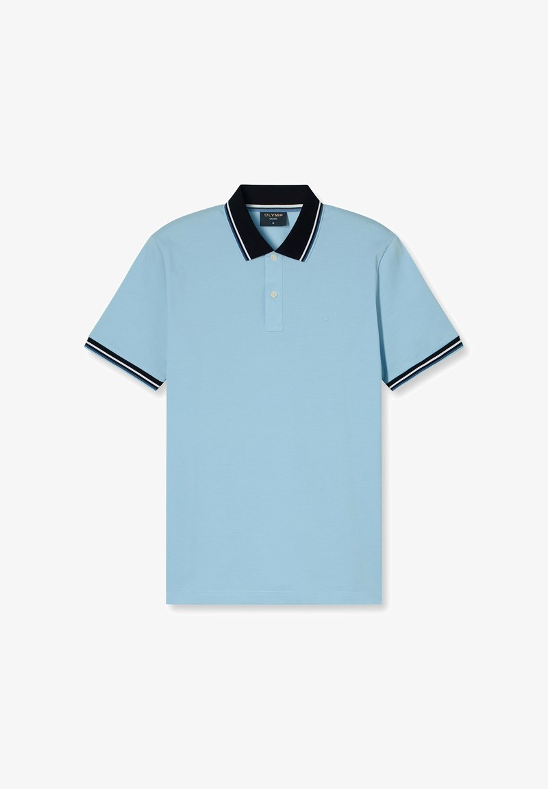 Lichtblauwe polo met een zwarte kraag met witte strepen, een twee-knopen sluiting en korte mouwen met bijpassende manchetaccenten.