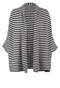 Cardigan tricoté noir et blanc à rayures horizontales, ouvert sur le devant, manches larges et coupe décontractée.