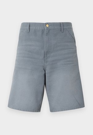 Gray knee-length shorts with belt loops, side pockets, and a front button closure.