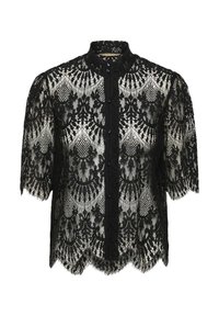 Zwarte kanten blouse met een gegolfde zoom en korte mouwen. Beschikt over een hoge kraag en knoopsluiting. Gedetailleerd bloemenpatroon over het hele oppervlak.