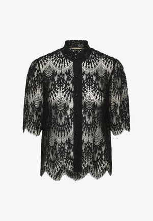 Black lace blouse with a scalloped hem and short sleeves. Features a high collar and button closure. Intricate floral pattern throughout.