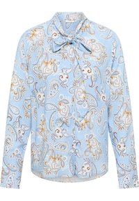 Blusa azzurra chiara con motivo paisley in bianco, oro e rosso. Presenta un colletto a fiocco e maniche lunghe. Tessuto morbido con una vestibilità comoda.