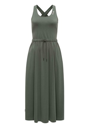 Ermeløs olivengrønn midikjole med kryssede stropper, elastisk midje med snor og tre små dekorative knapper på brystet.