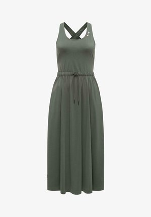 Mouweloze olijfgroene midi-jurk met gekruiste bandjes, elastische taille met trekkoord en drie kleine decoratieve knopen op de borst.