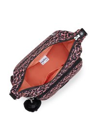 Sort stofpose med pink blomstermønster, lynlåslukning og orange indvendig. Inkluderer en pom-pom nøglering og indvendige rum.