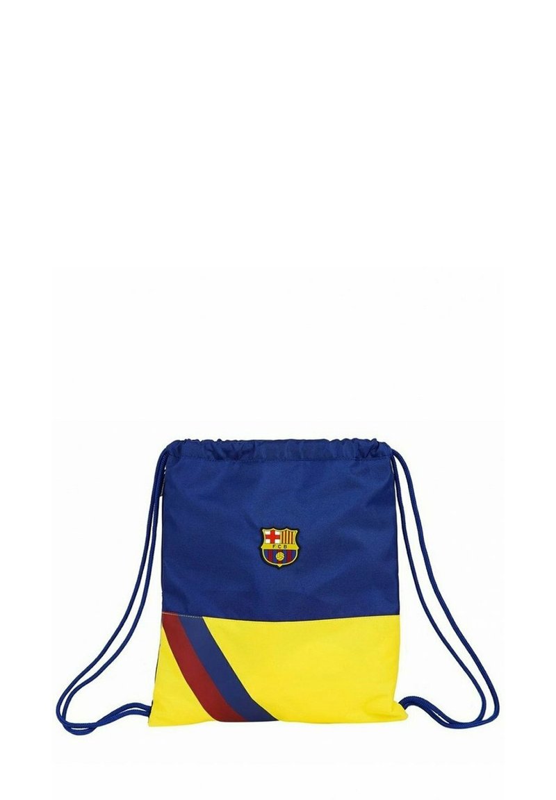 Sac à cordon fait de tissu bleu et jaune. Présente un logo en haut et un motif à rayures en diagonale rouge et bleu.