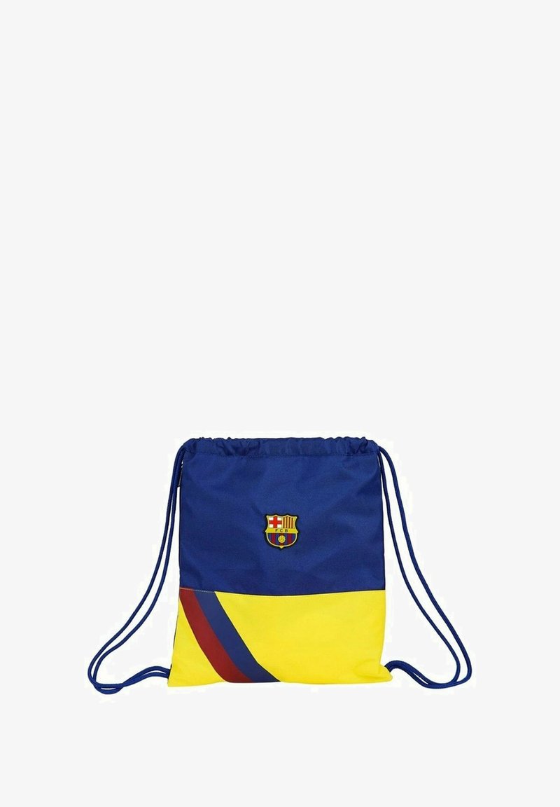 Sac à cordon fait de tissu bleu et jaune. Présente un logo en haut et un motif à rayures en diagonale rouge et bleu.